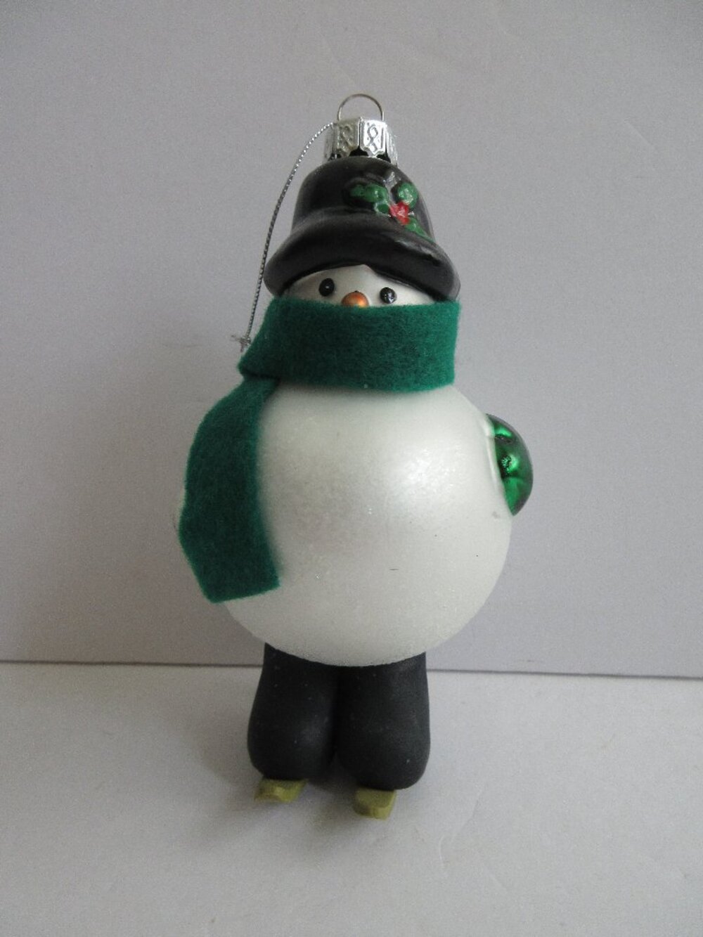 Snowman on Skis Glass Christmas Ornament Wearing Green Felt Scarf 5"